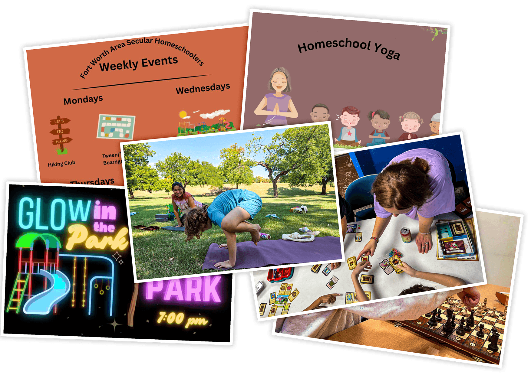 Collage depicting various events held by FWASH such as park meet ups, yoga, boardgames and more.
